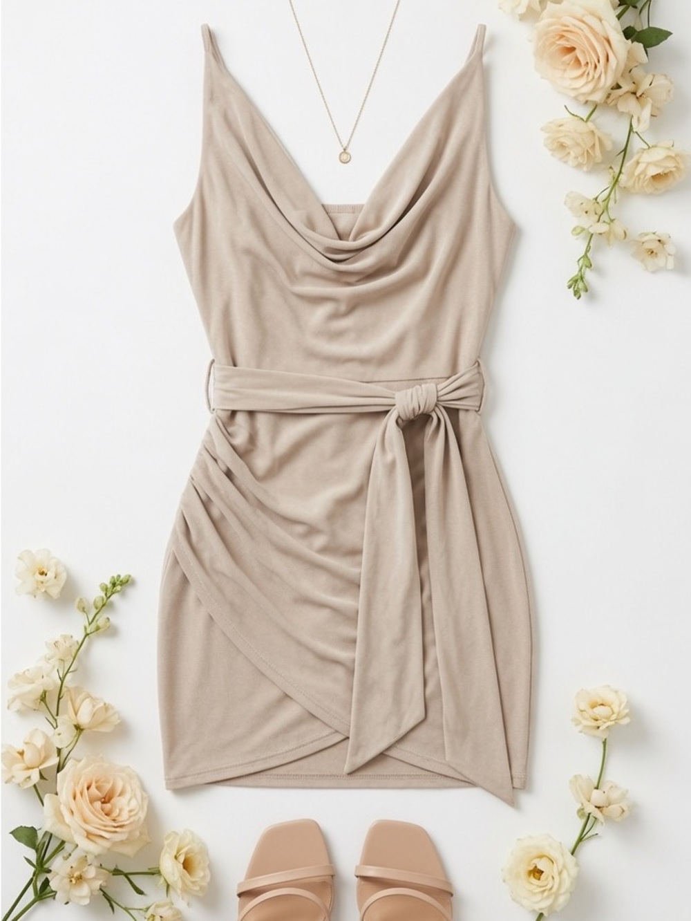 Cowl neck bodycon slinky fabric mini dress with self tie detailing